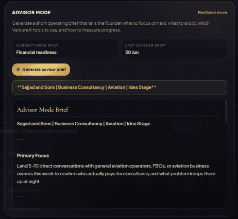 Advisor Brief screen showing a focused weekly improvement plan for the weakest business dimension