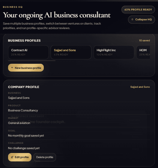 Business HQ screen displaying company profile fields, completeness metrics, and saved profiles